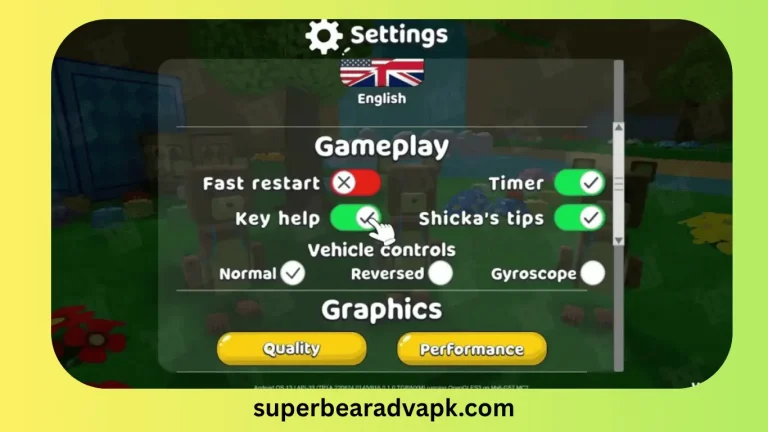 Settings menu for Super Bear Adventure game, displaying options for gameplay adjustments and preferences
