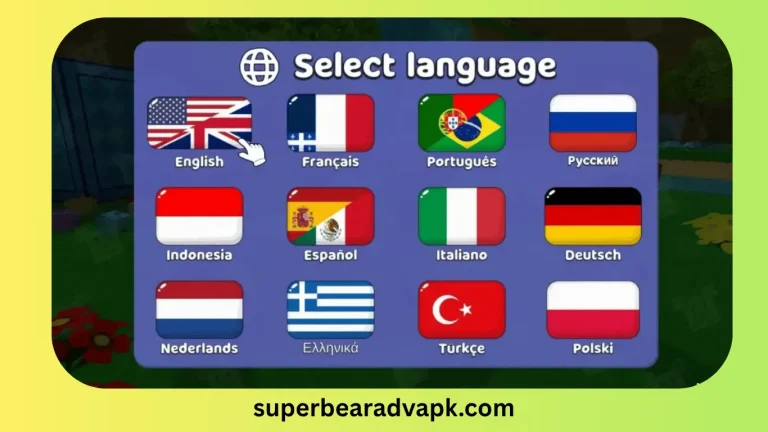 Screenshot of the Super Bear Adventure game language selection screen with various language options displayed